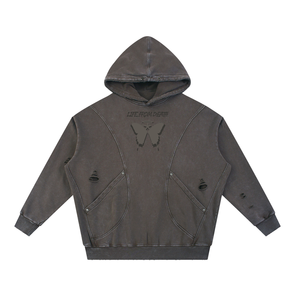 Coffee Redeemed Snow Washed Distressed Panel Pocket Hoodie