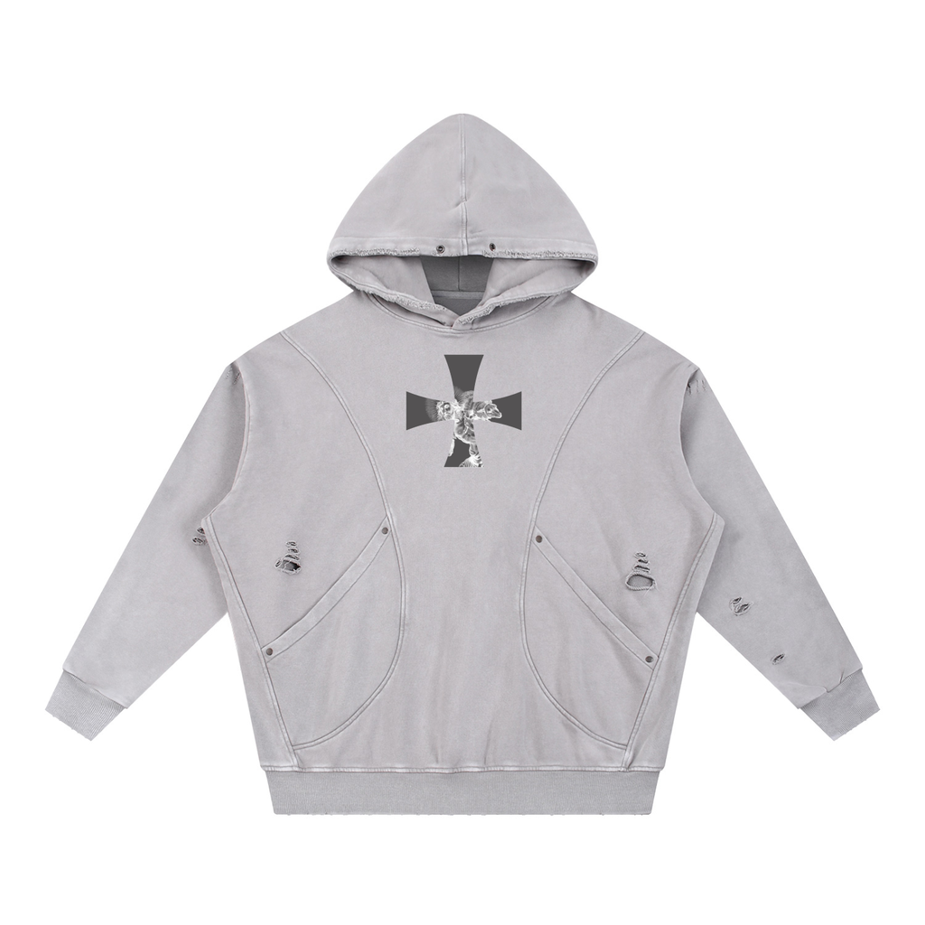 Light Gray Redeemed Snow Washed Distressed Panel Pocket Hoodie