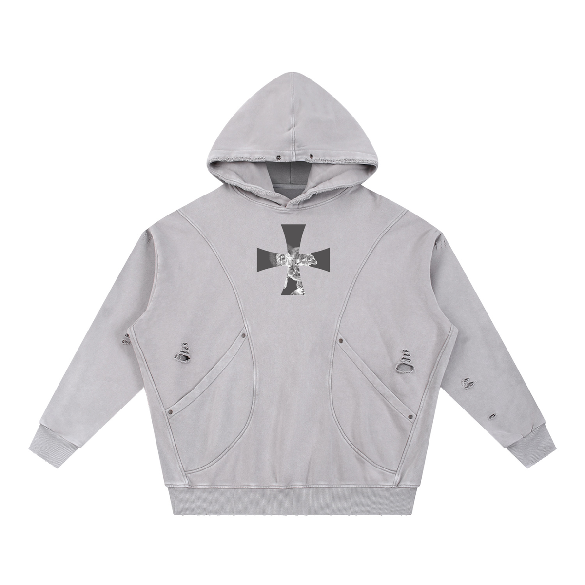 Light Gray Redeemed Snow Washed Distressed Panel Pocket Hoodie