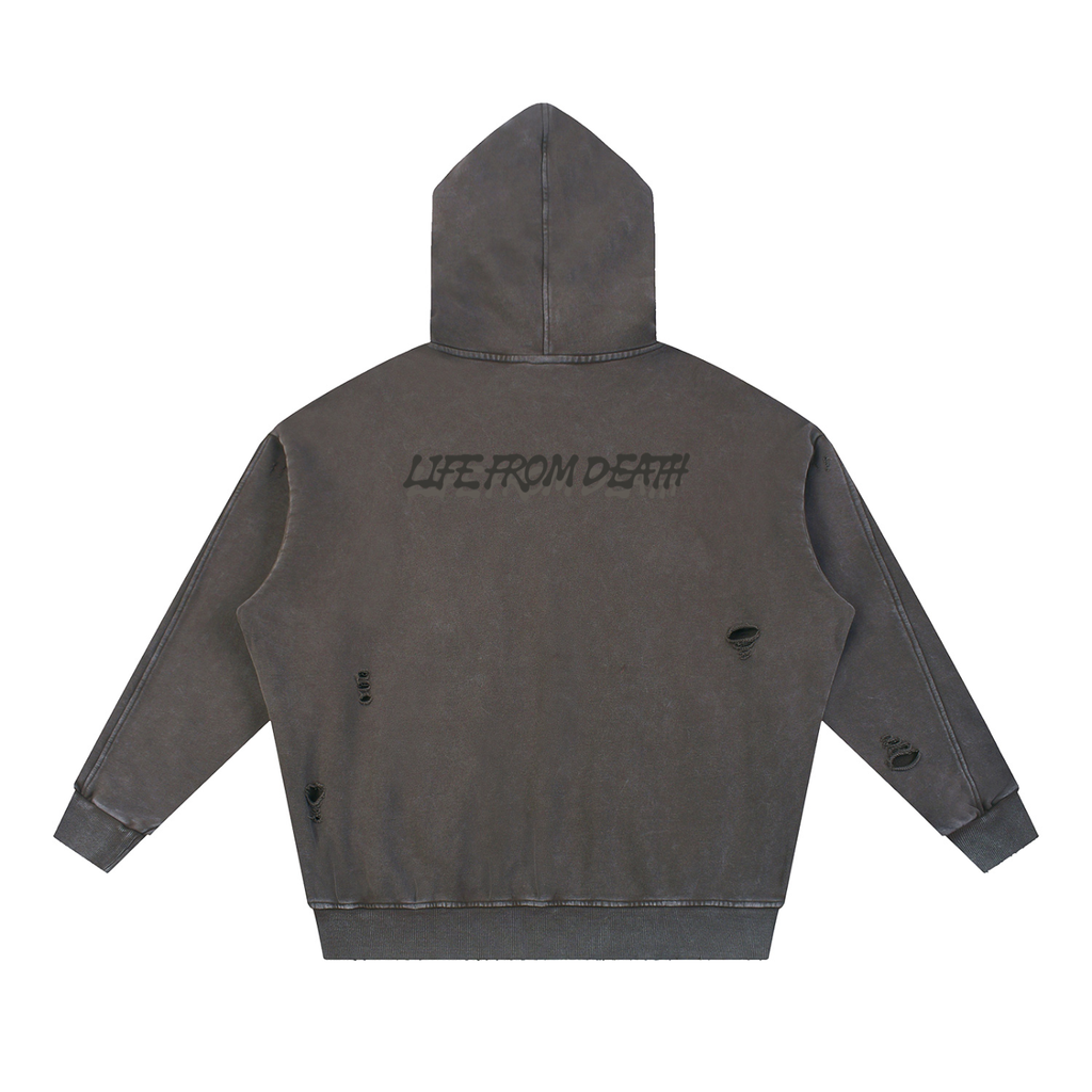 Coffee Redeemed Snow Washed Distressed Panel Pocket Hoodie