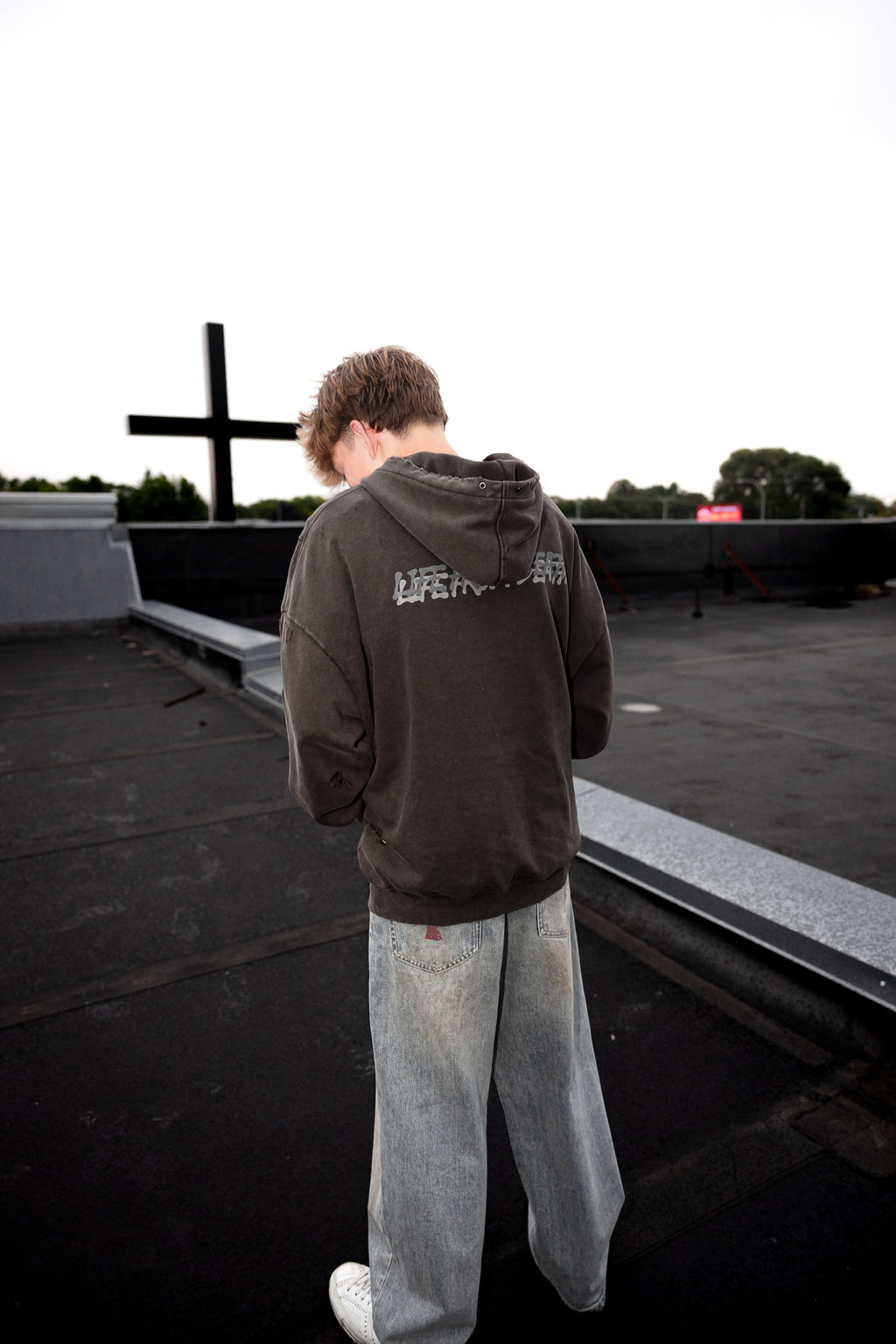 Coffee Redeemed Snow Washed Distressed Panel Pocket Hoodie
