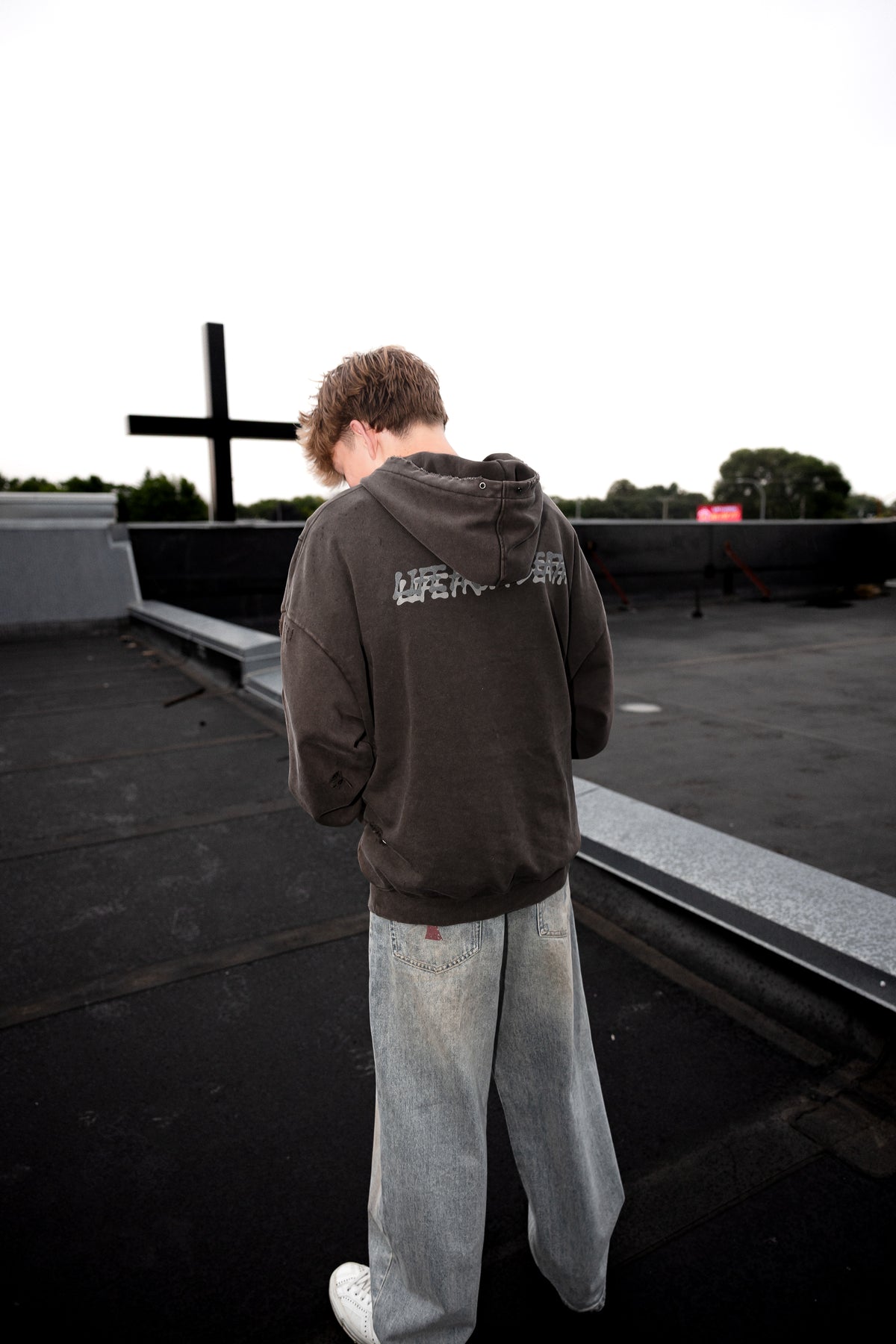 Coffee Redeemed Snow Washed Distressed Panel Pocket Hoodie