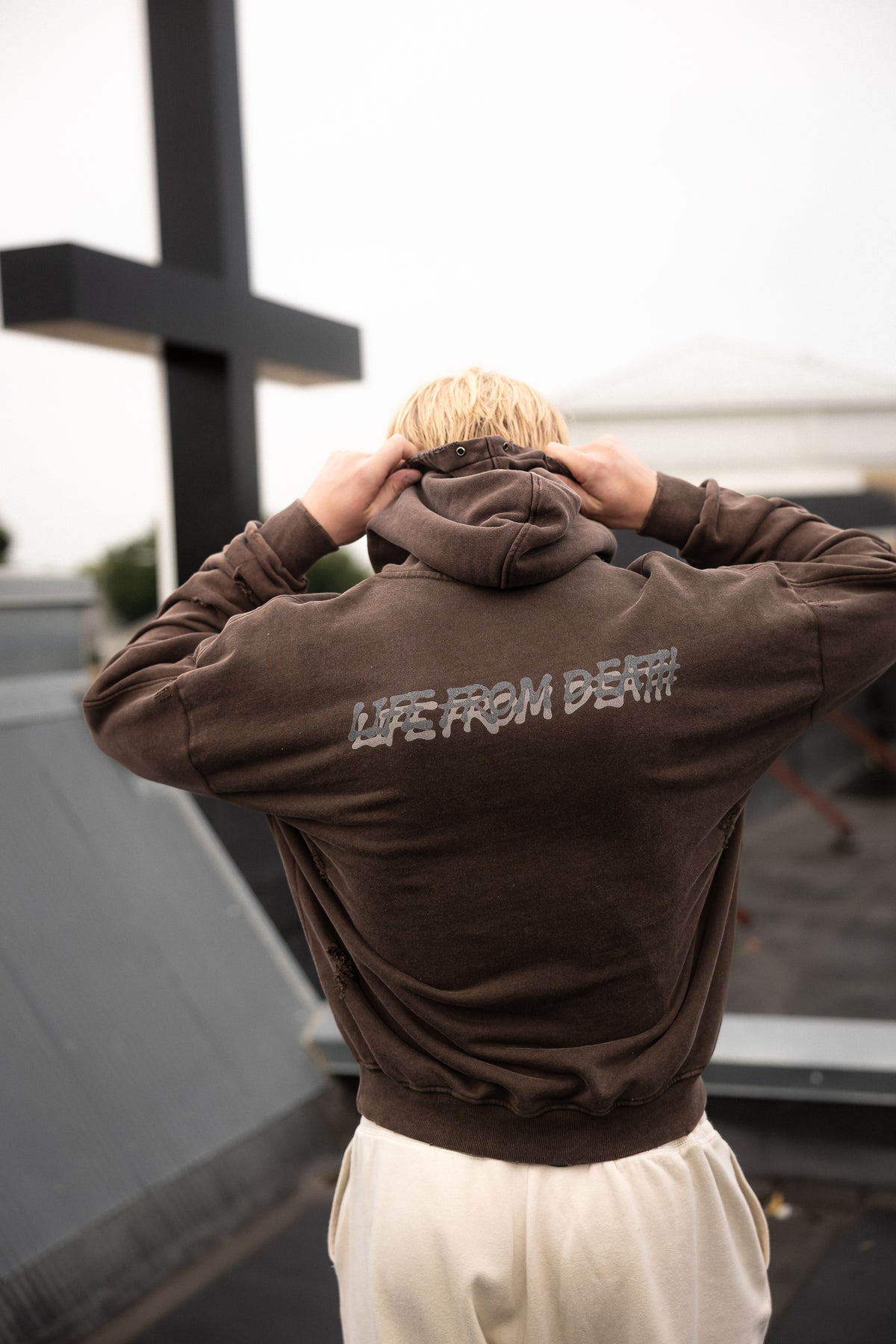 Coffee Redeemed Snow Washed Distressed Panel Pocket Hoodie