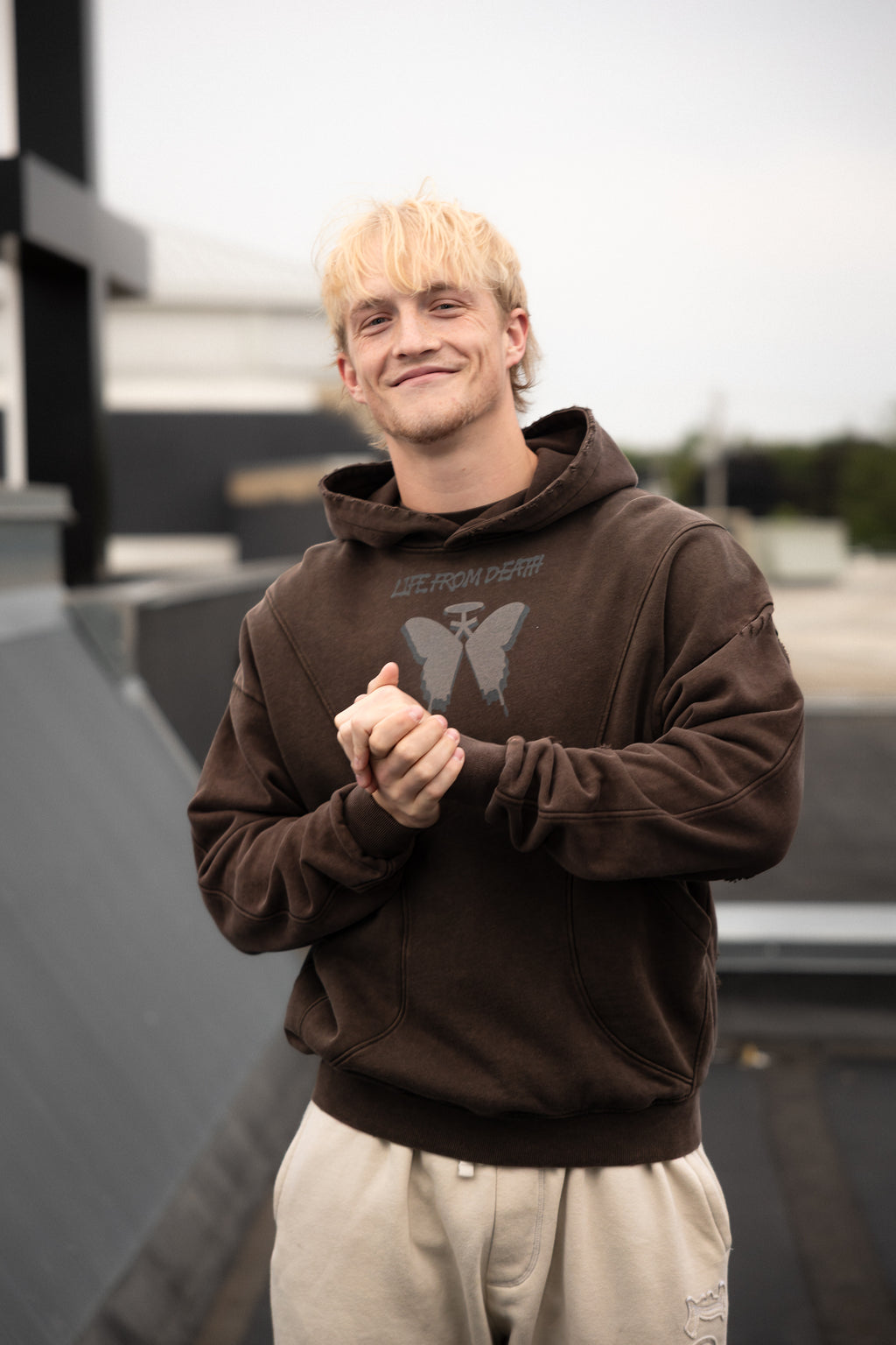 Coffee Redeemed Snow Washed Distressed Panel Pocket Hoodie