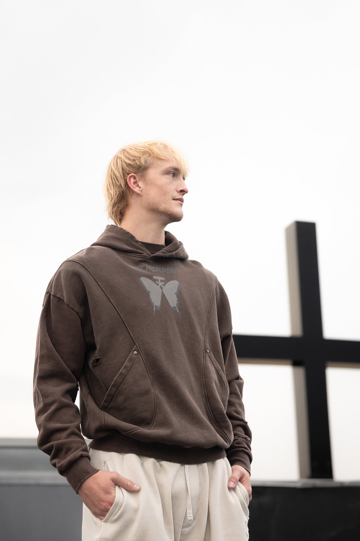 Coffee Redeemed Snow Washed Distressed Panel Pocket Hoodie