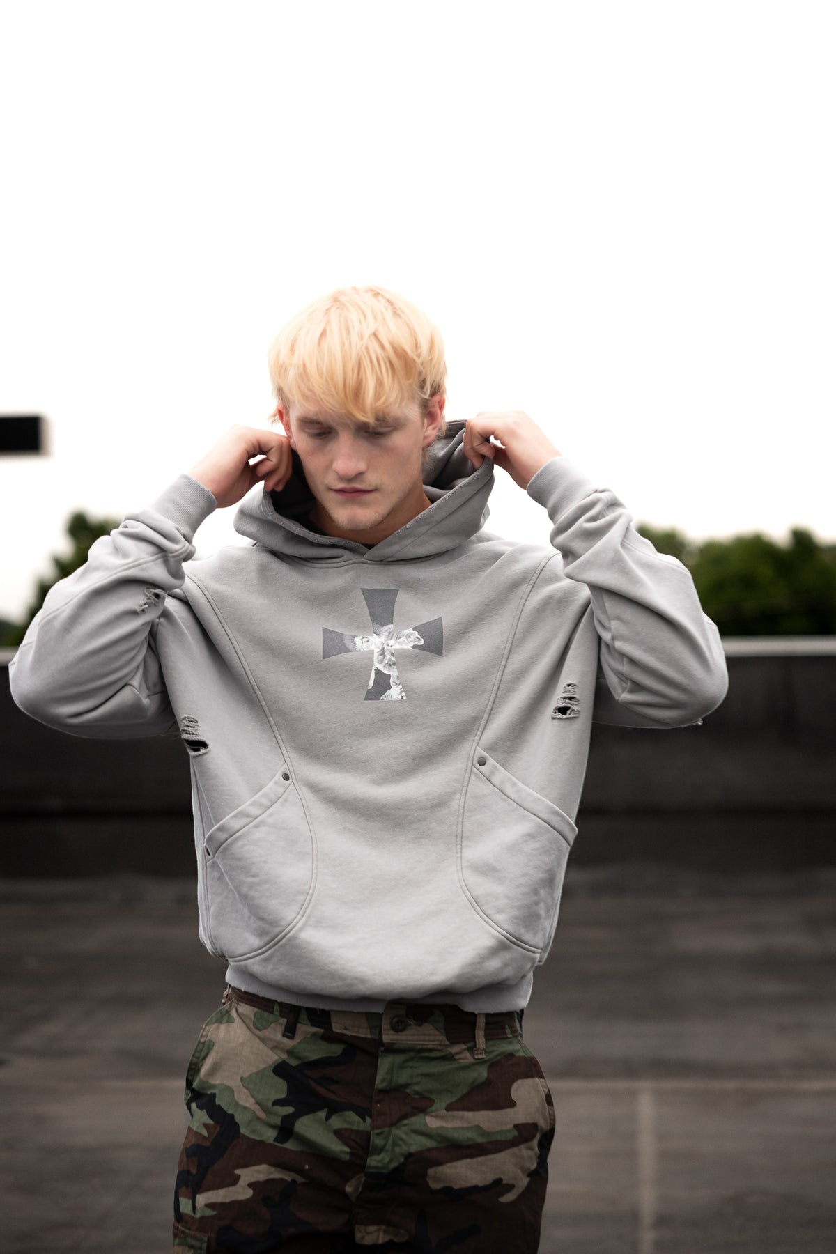 Light Gray Redeemed Snow Washed Distressed Panel Pocket Hoodie