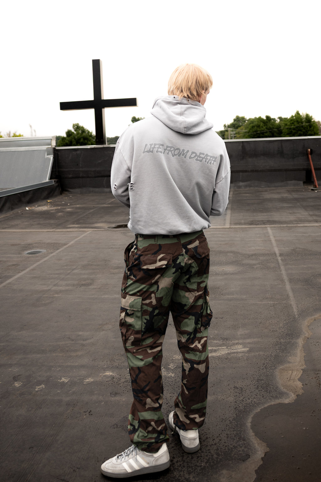 Light Gray Redeemed Snow Washed Distressed Panel Pocket Hoodie