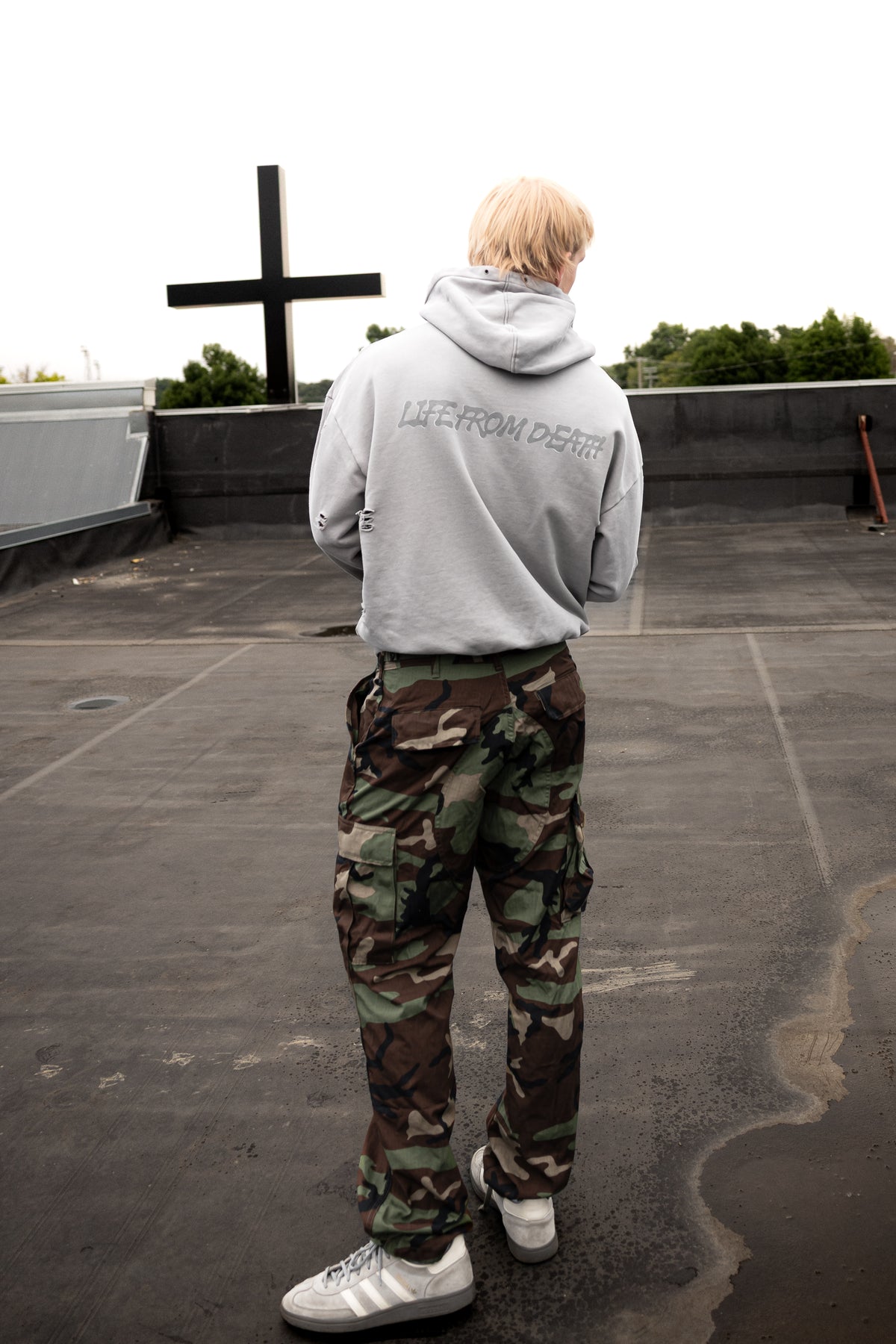 Light Gray Redeemed Snow Washed Distressed Panel Pocket Hoodie